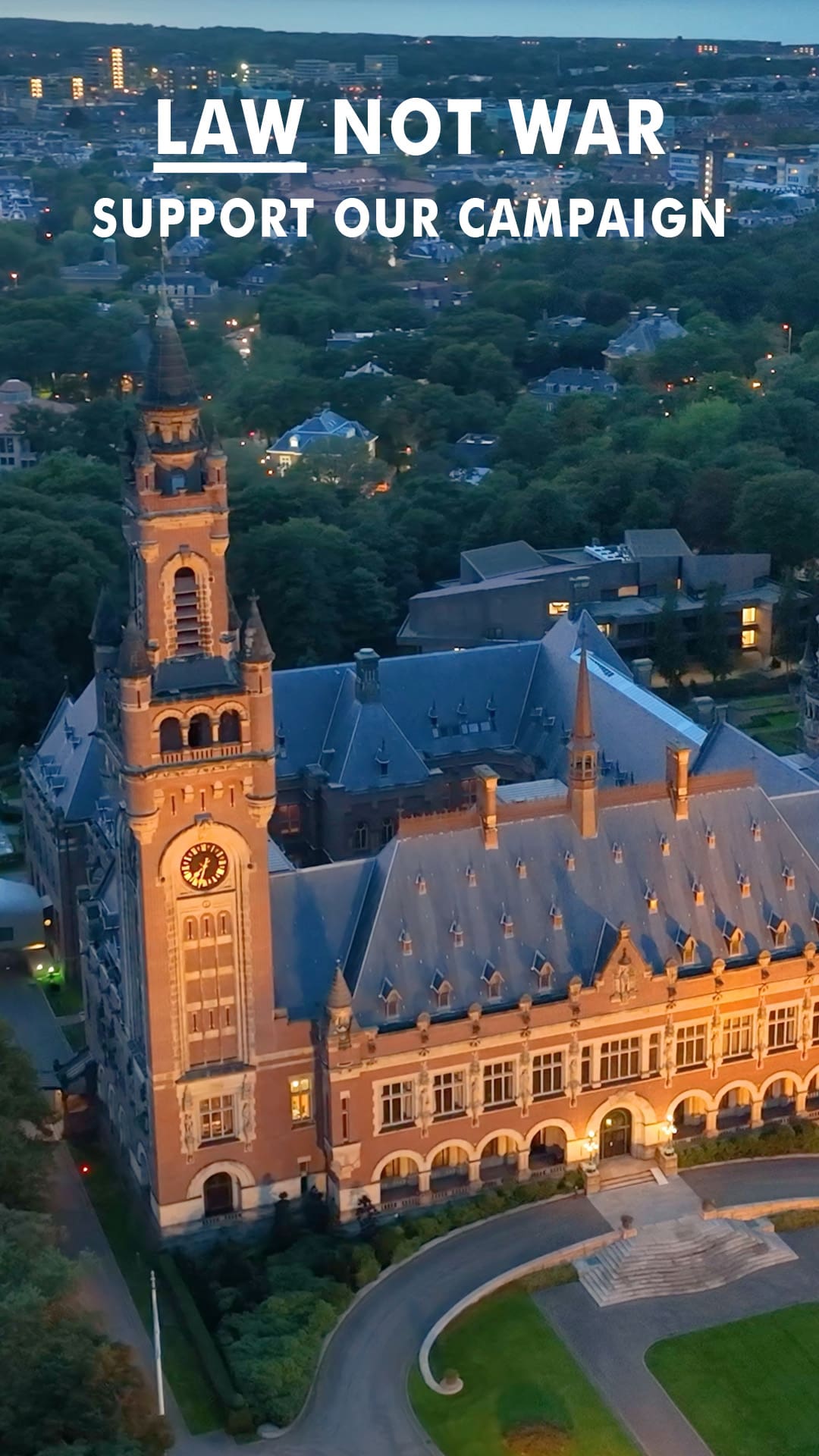 The Peace Palace with the LAW not War title