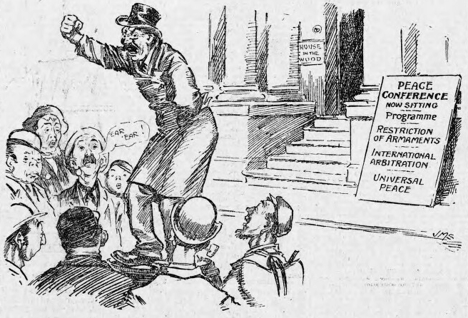 Political Cartoon by JM Staniforth. As the first Hague Convention on peace convenes, a crowd listens to an Imperialist agitator who spreads words of aggression and argues that Britain should arm herself more.