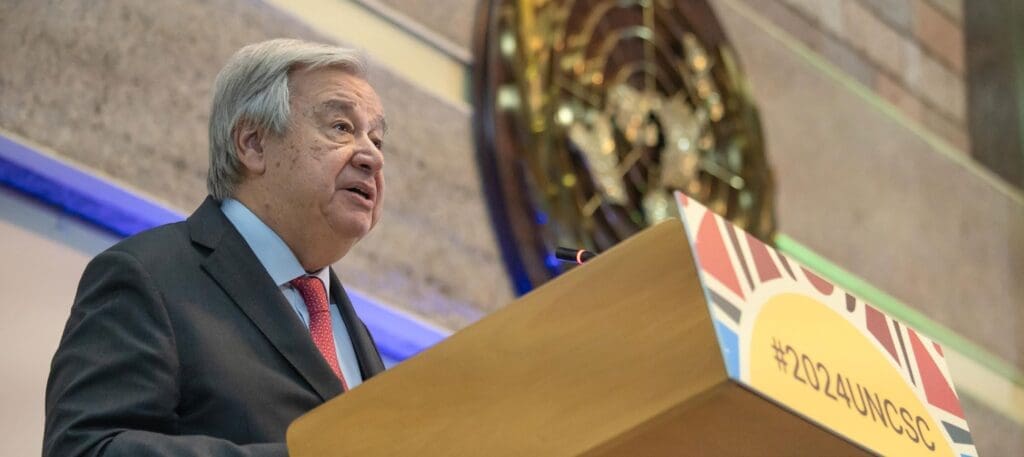 UN Secretary addresses the closing ceremony UN Secretary-General António Guterres addresses the closing ceremony UN Civil Society Conference in Nairobi in May 2024. Credit: UNIS Nairobi.
